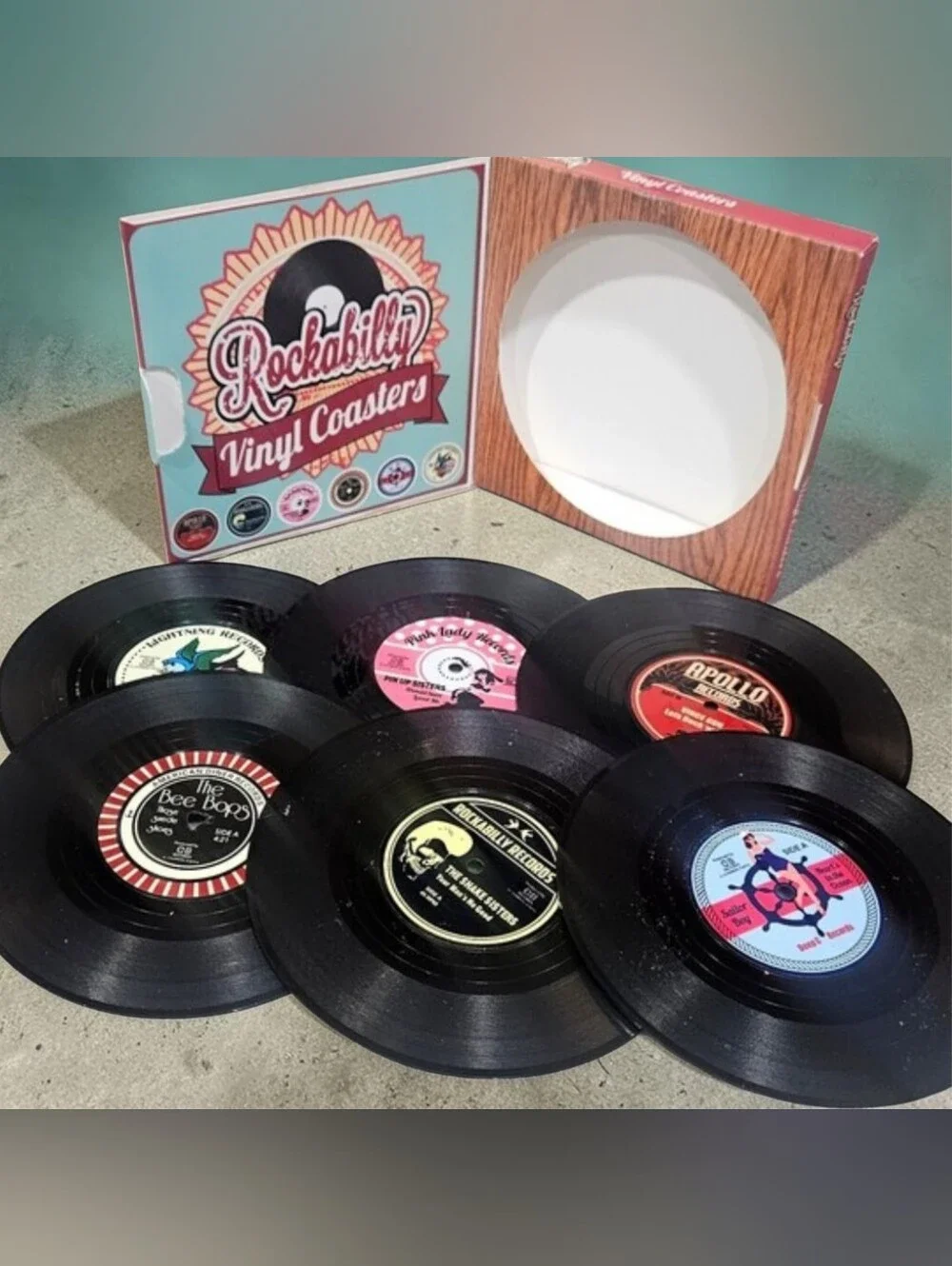 Set of 6 Vinyl Record Retro Anti Slip Coasters In Box